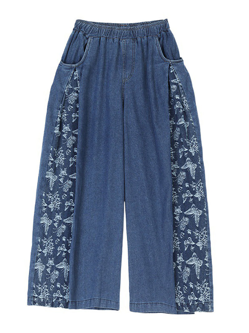 Summer Butterfly Spliced Wide-leg Denim Pants Co1030