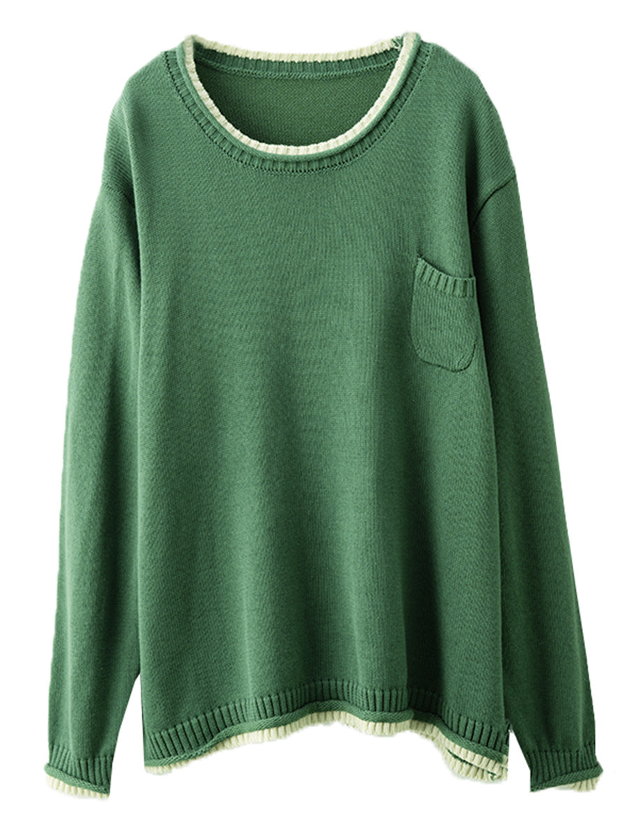 Autumn Colorblock O-neck Cotton Knit Blouse Ai1068