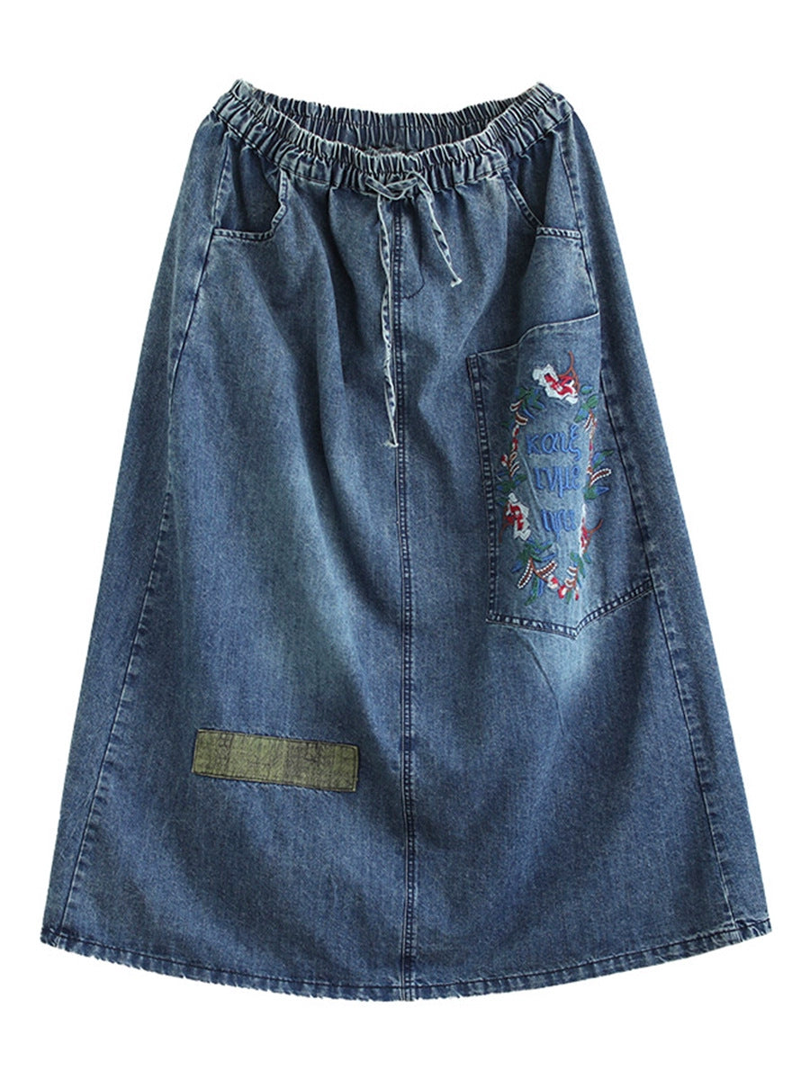 Artsy Flower Embroidery Denim Skirt Pa1009