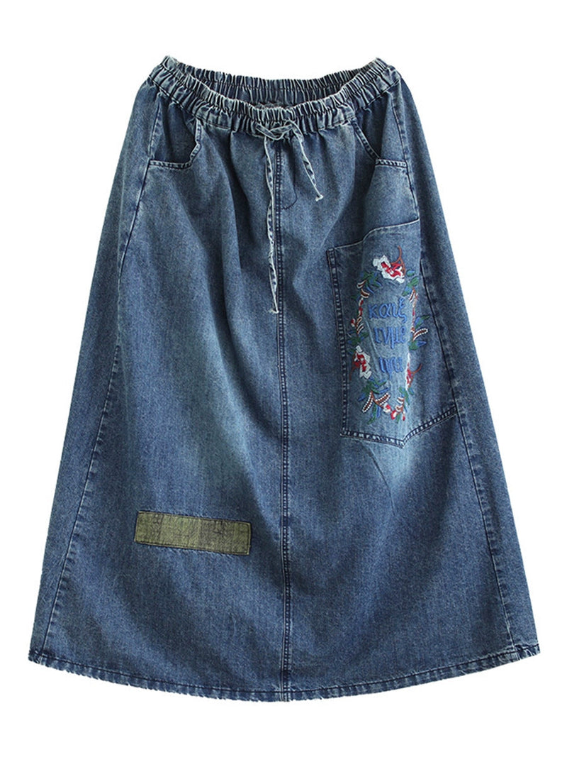 Artsy Flower Embroidery Denim Skirt Pa1009
