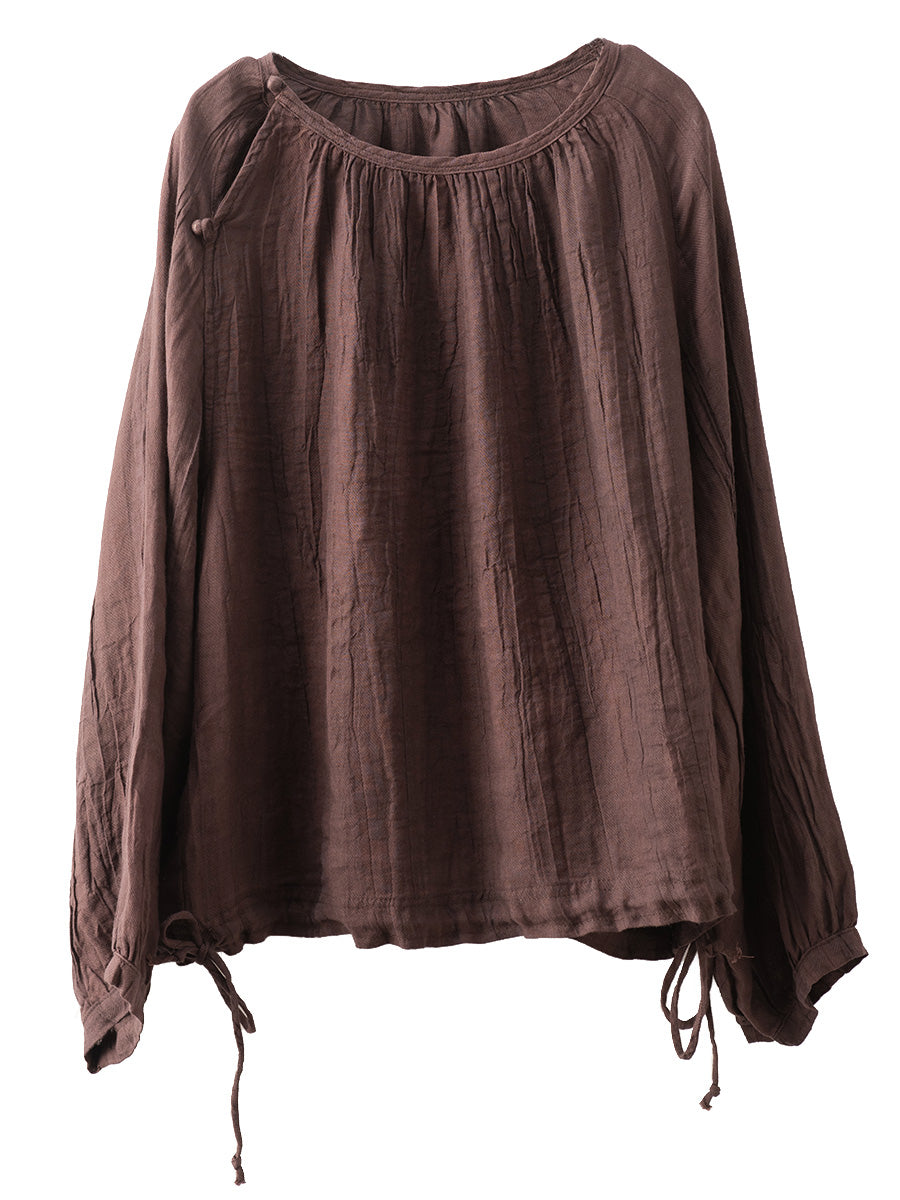 Summer Artsy Strap Hem O-neck Ramie Blouse As1026