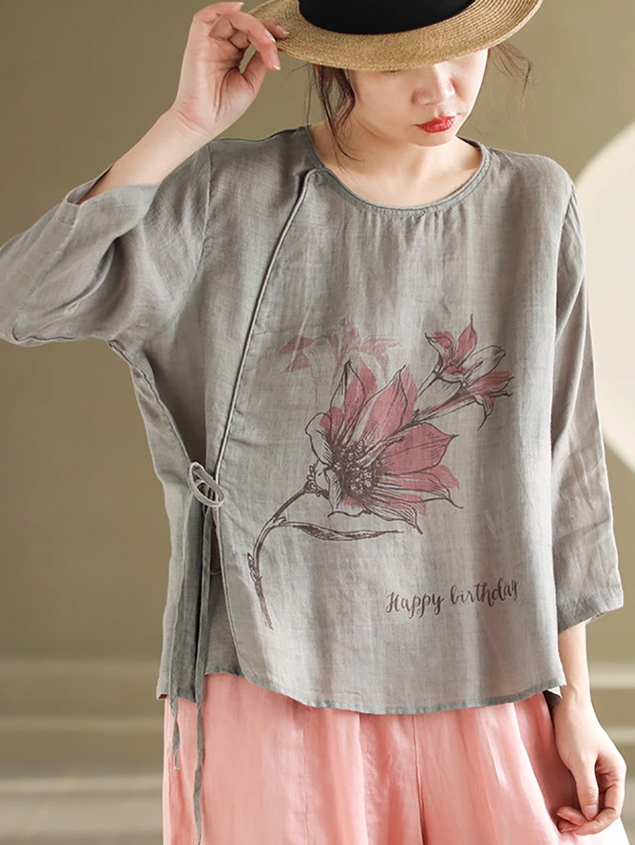 Spring Flower Strap Ramie Blouse Kl1039