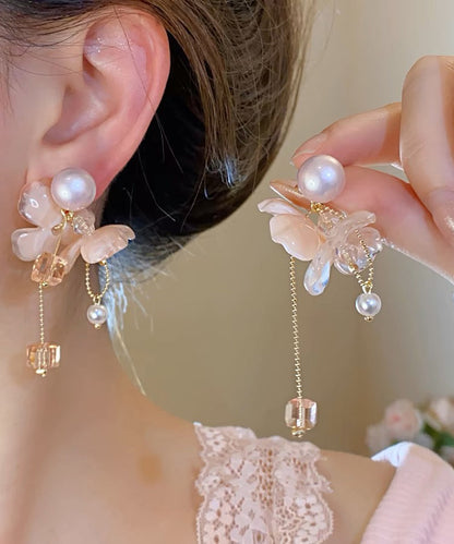 Pink Sterling Silver Overgild Crystal Pearl Tassel Drop Earrings