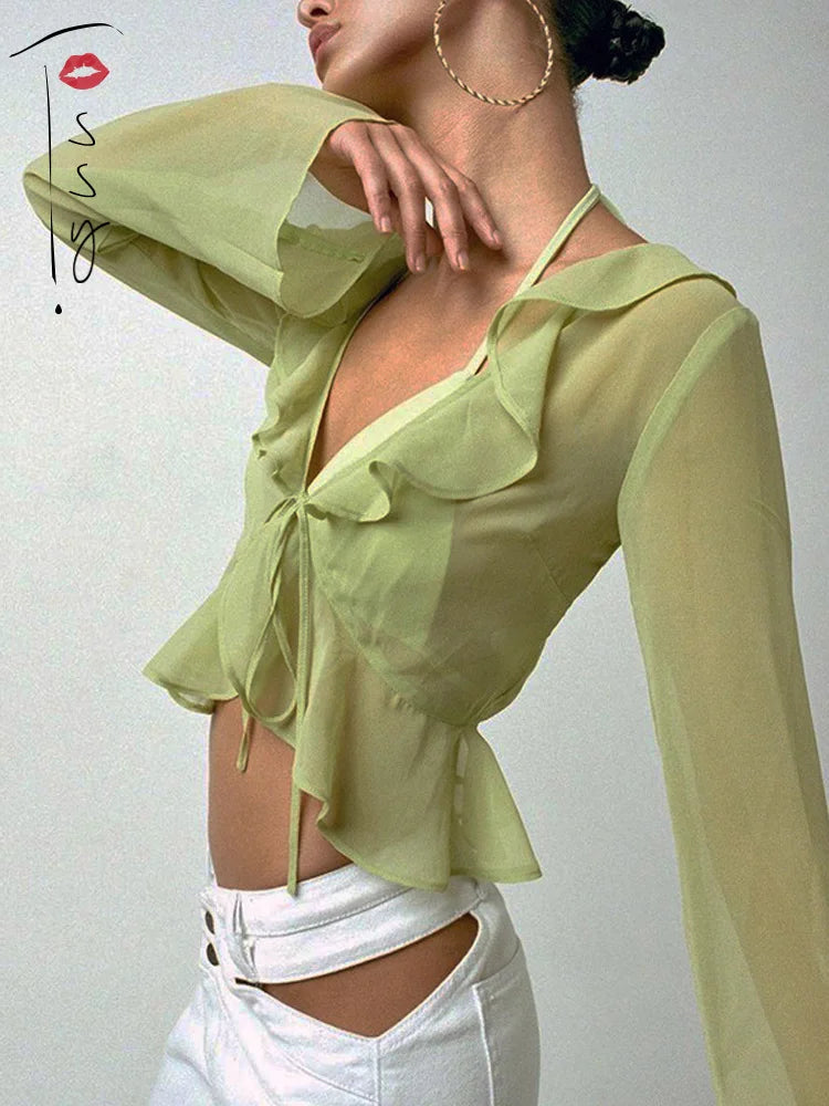 Ruffle Blouse See-through Lace V-neck Tops for Long Sleeve Summer Shirt Party Beach Cropped Top