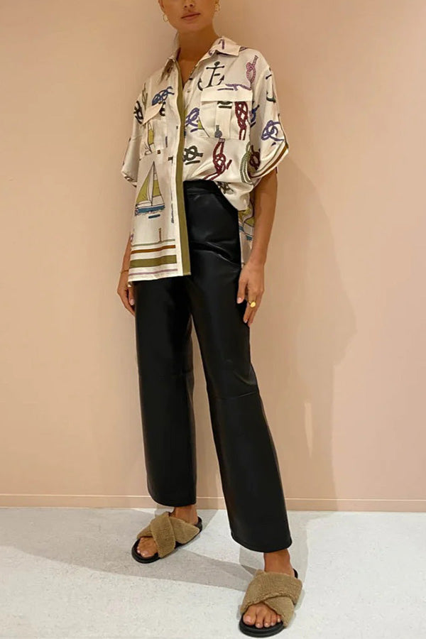 Sail Away Satin Unique Nautical Motifs Print Button Down Pocket Oversized Blouse
