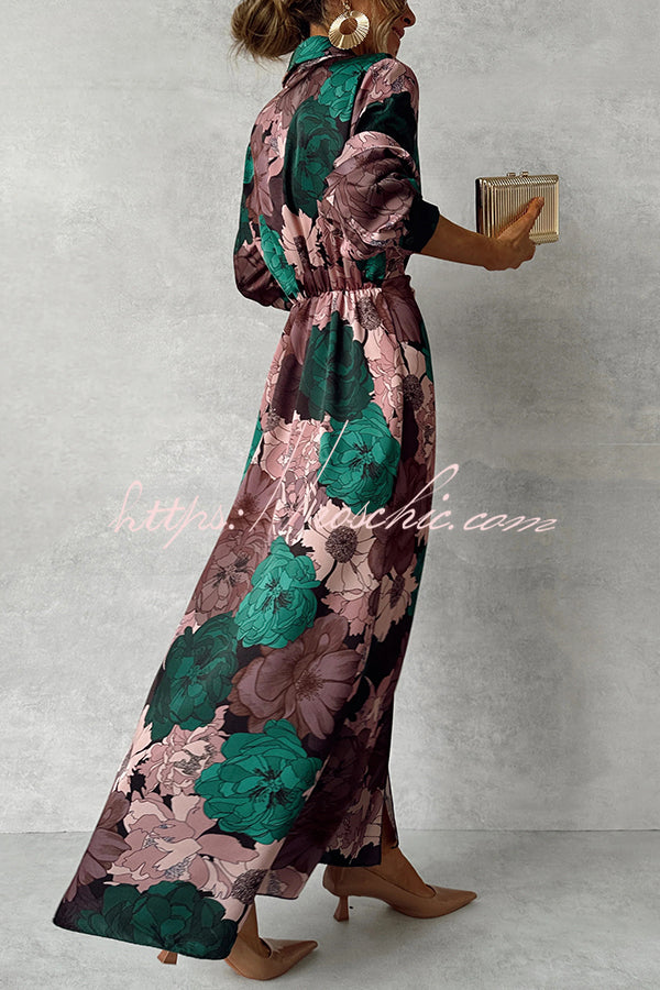 Print Lapel Waisted Lace-up Long-sleeve Maxi Dress