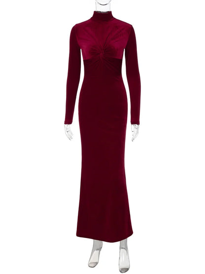 Pleated Skinny Dress Female High Waist Twist Long Sleeve Party Dress Gown ’s Maxi Dress Autumn