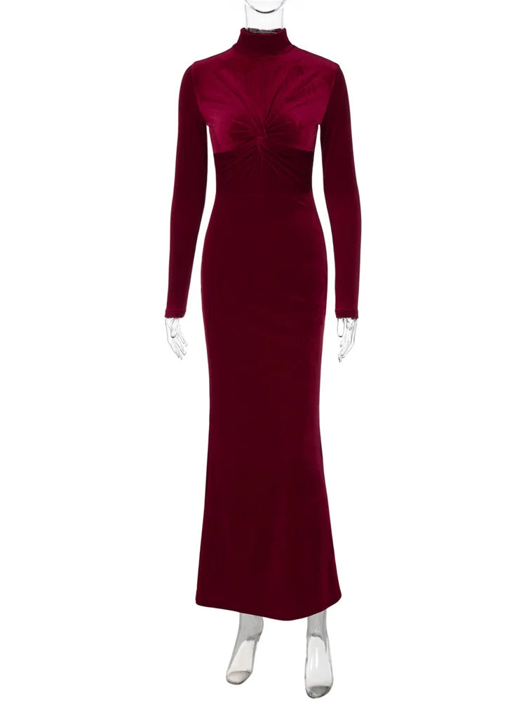 Pleated Skinny Dress Female High Waist Twist Long Sleeve Party Dress Gown ’s Maxi Dress Autumn