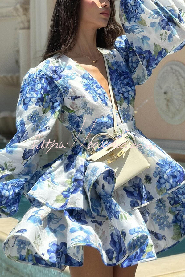 Feminine and Print Deep V-neck Balloon Sleeve Tiered Mini Dress