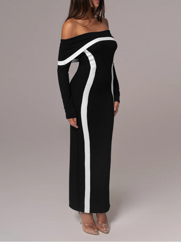 Bodycon Long Sleeves Contrast Color Split-joint Off-the-shoulder Evening Dresses Maxi Dresses