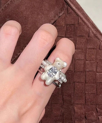 Diy White Stainless Steel Zircon Layered Little Bear Rings