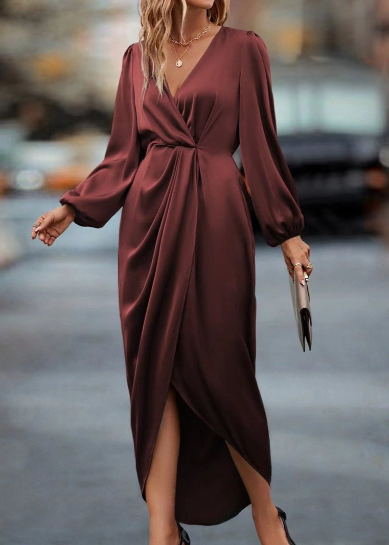 Red Draped V-neck Midi Dress
