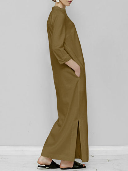 Long Sleeves Loose Color Split-joint V-neck Maxi Dresses