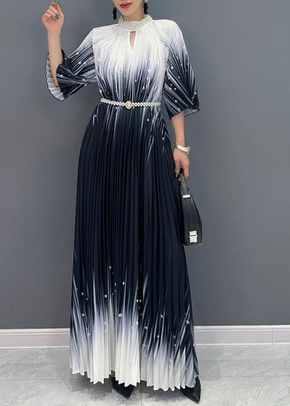Fitted Black Turtleneck Print Wrinkled Vacation Maxi Dresses Summer Ao1032