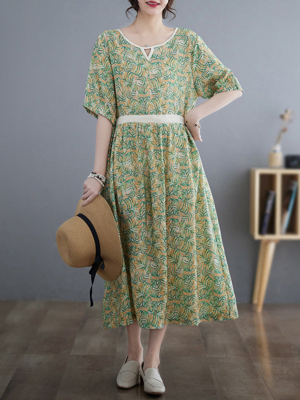Loose Short Sleeves Hollow Pleated Printed Split-joint Round-neck Midi Dresses