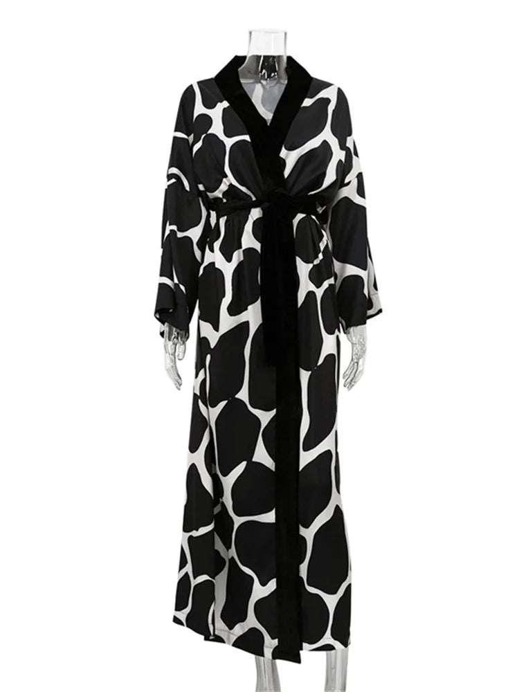 Contrast Loose Lace-up Long Dress Nightwear for V-neck Long Sleeve Autumn Clothes Female Bandage Maxi Dress