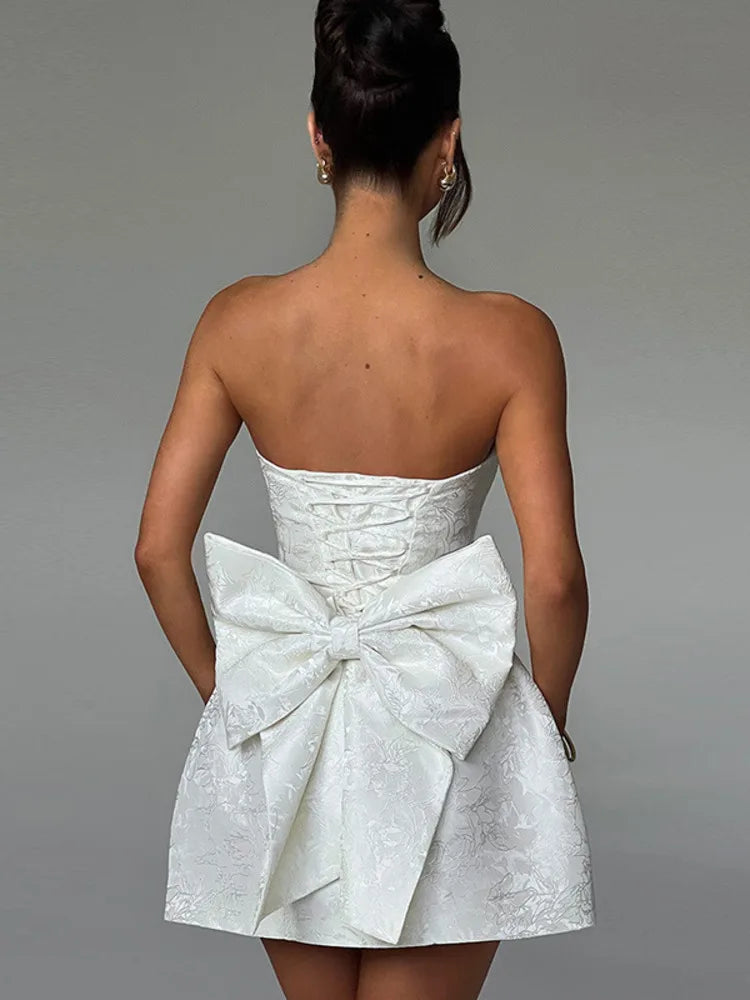 Backless Bow Mini Dress for Off-shoulder Strapless Sleeveless Bodycon Club Party Dress