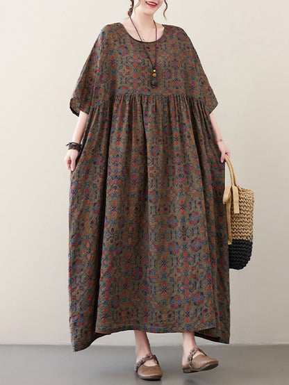 Vacation Loose Half Sleeves Printed Pleated Round-neck Midi Dresses