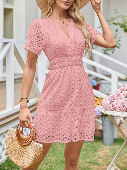 A-line Loose Elasticity Hollow Pleated Color Split-joint V-neck Mini Dresses
