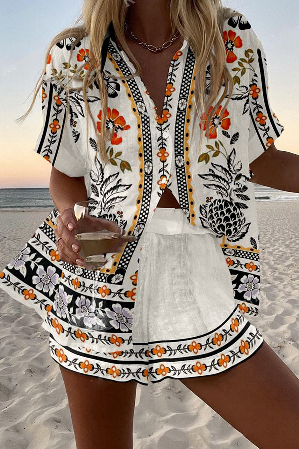 Print Loose Button Elastic Waist Shorts Set
