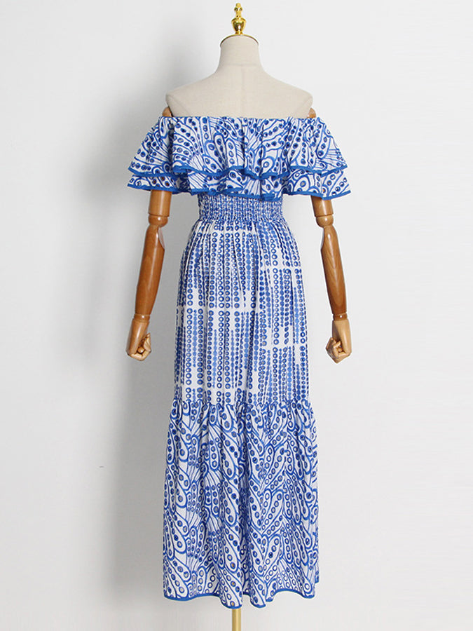 Off Shoulder Ruffled Embroidered Long Dresses