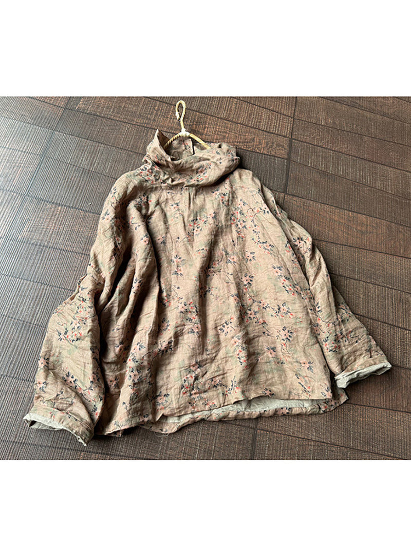Autumn Artsy Turtleneck Ramie Blouse Qu032