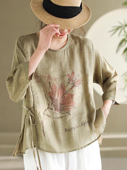 Spring Flower Strap Ramie Blouse Pa1032