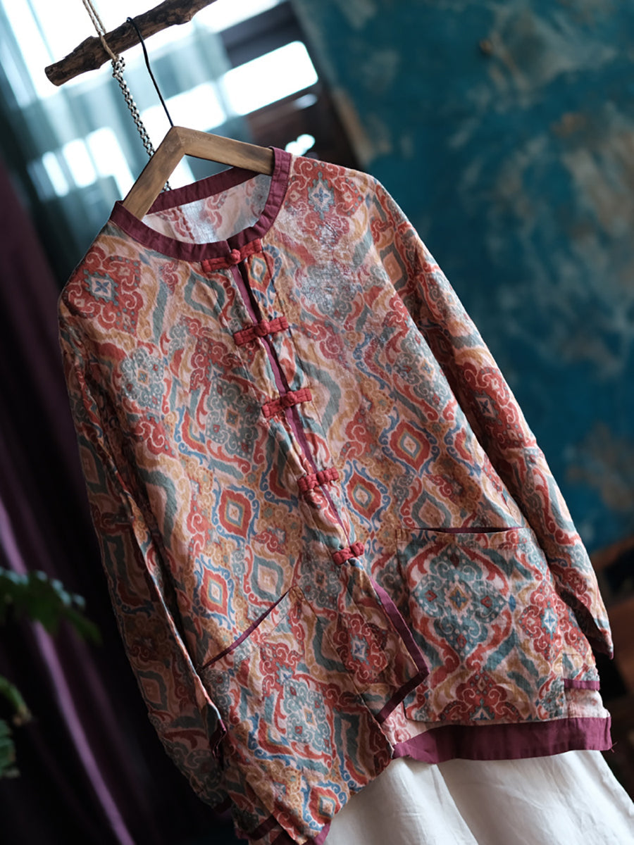 Spring Colorblock Flower Ramie Shirt Coat Co1031
