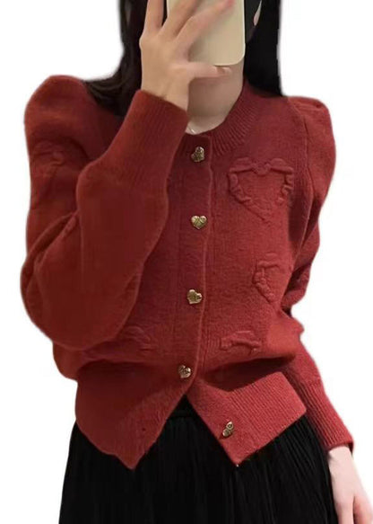Red O Neck Button Knit Cardigan Fall Qx024