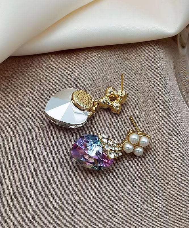 Purple Sterling Silver Inlaid Zircon Crystal Pearl Love Drop Earrings