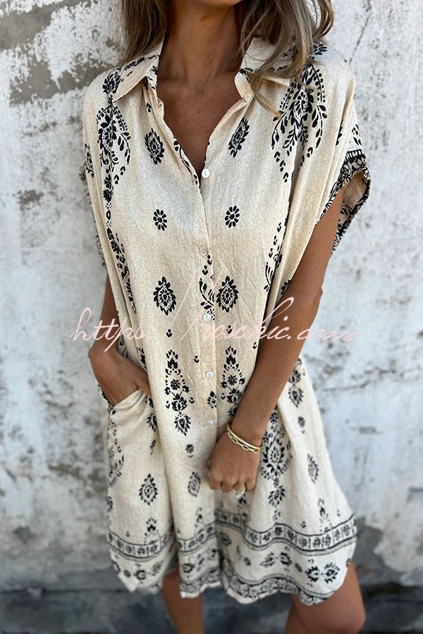 Linen Blend Unique Print Lapel Pocket Mini Dress