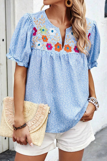 Sky Blue Embroidered Notched V Neck Puff Sleeve Blouse