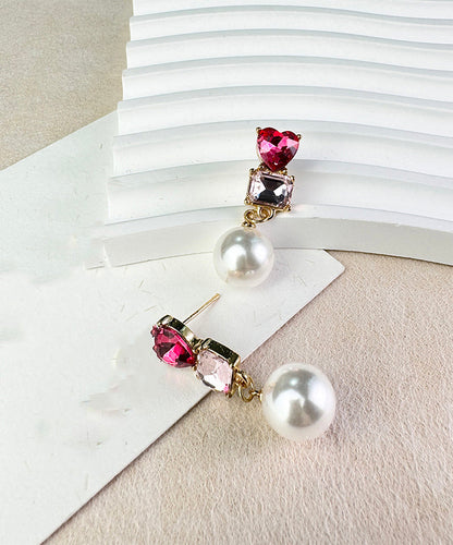 Red Sterling Silver Alloy Love Crystal Zircon Pearldrop Earrings