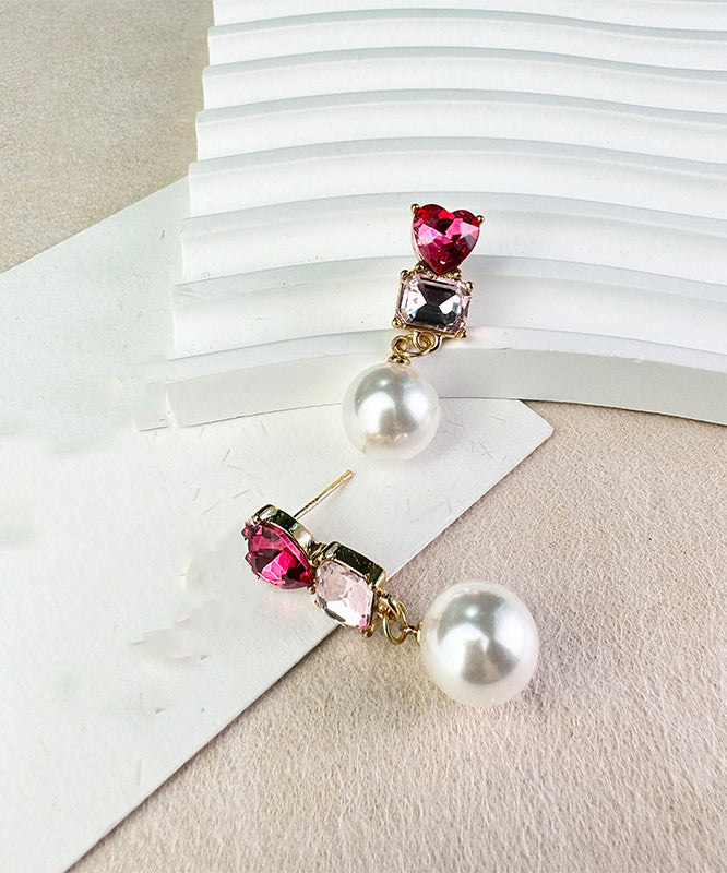 Red Sterling Silver Alloy Love Crystal Zircon Pearldrop Earrings