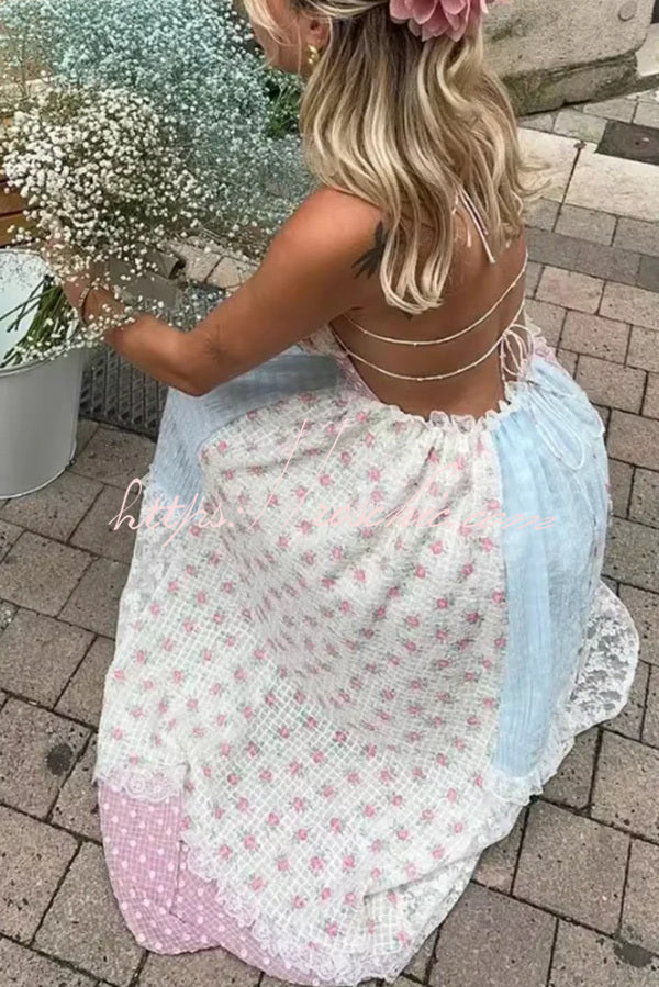 Lace Halterneck Backless Patchwork Maxi Dress