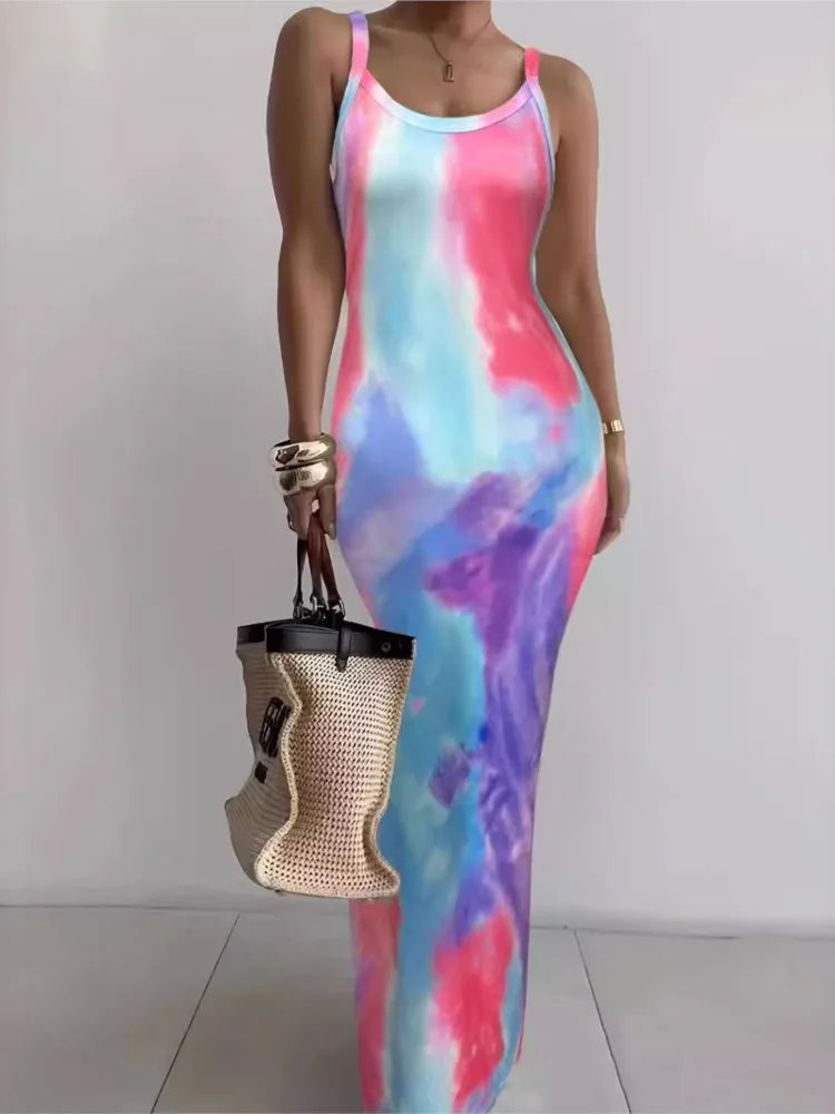 Color Tie Dye Print Spaghetti Strap Long Dresses Package Hip Bodycon Dress Female Club Vestidos