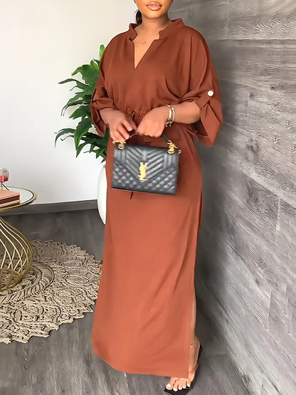 Loose Drawstring Color Split-side V-neck Maxi Dresses