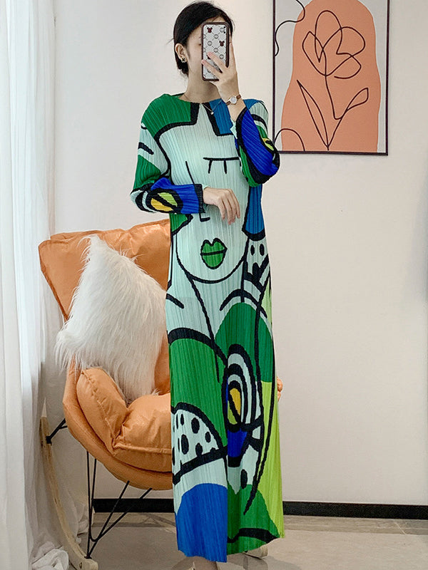 Original Loose Long Sleeves Cartoon Face Printed Contrast Color Pleated Round-neck Midi Dresses