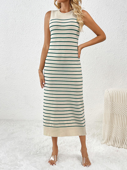 Loose Sleeveless Striped Round-neck Knit Dresses Midi Dresses