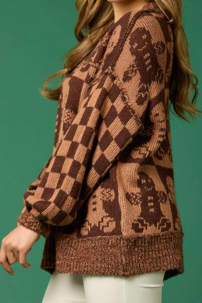 Christmas Gingerbread Man Round Neck Long Sleeve Loose Knit Sweater