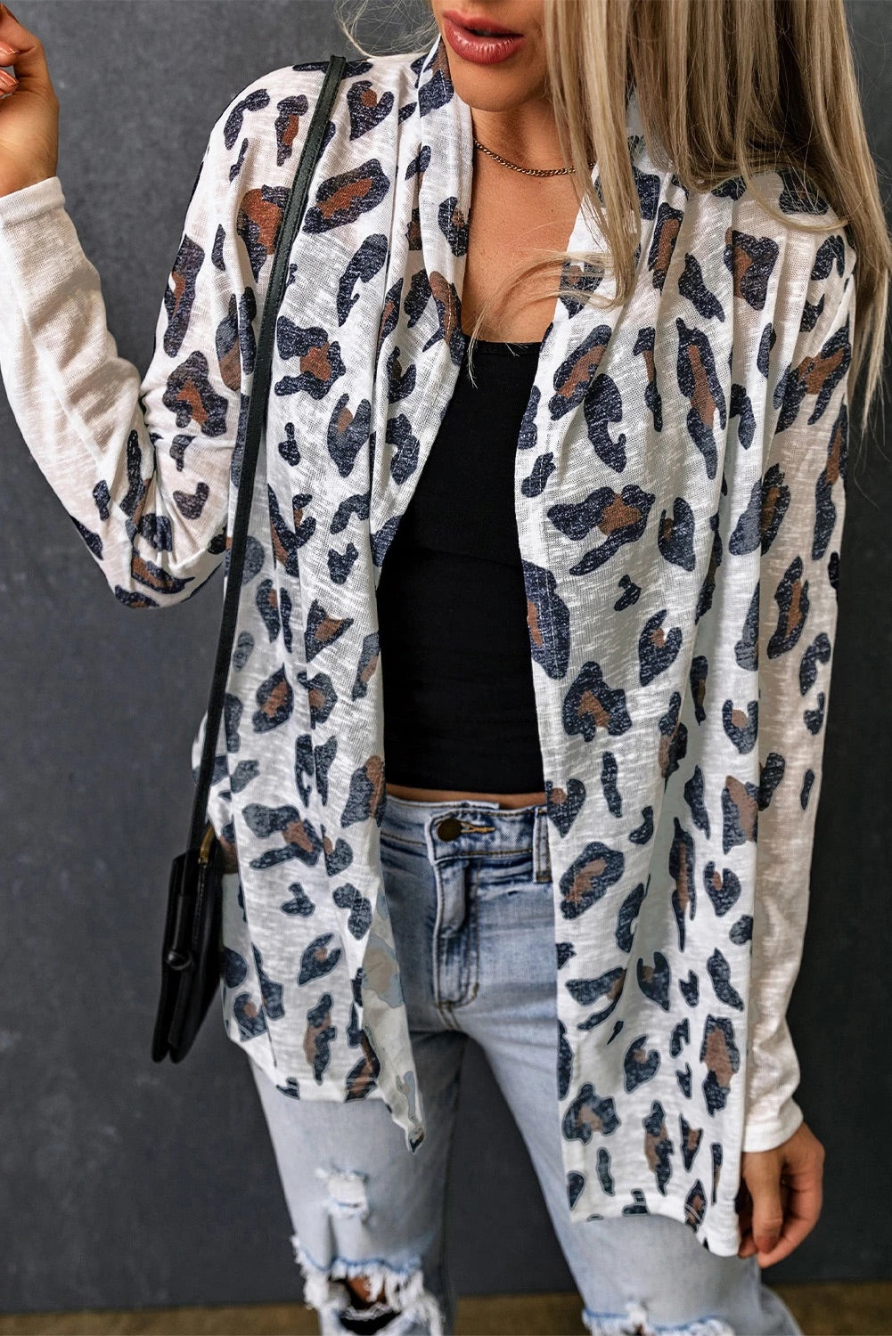 White Leopard Print Open Front Cardigan