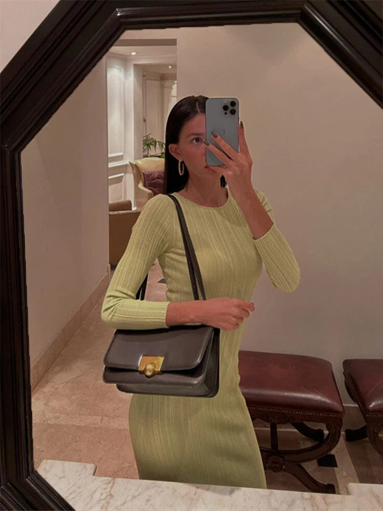 Long Sleeve Slim Knit Maxi Dress for High Waist Party Dress Skinny Summer Female Dress