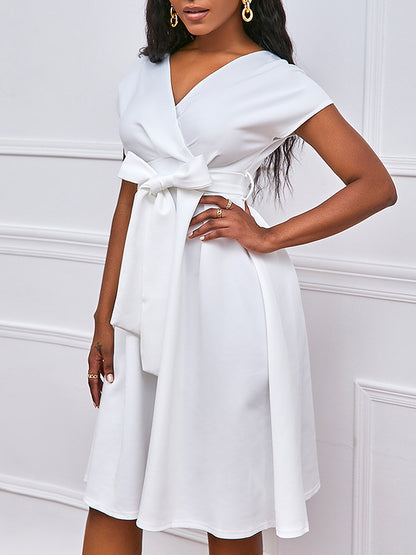 Bowknot Lace-up Color V-neck Midi Dresses