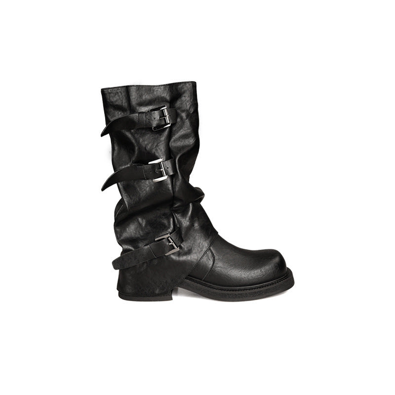 Mom Belt Buckle Head Pleated Tube Boots