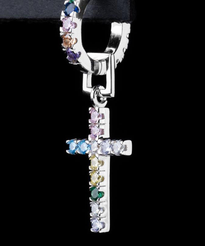Rainbow Sterling Silver Zircon Cross Hoop Earrings