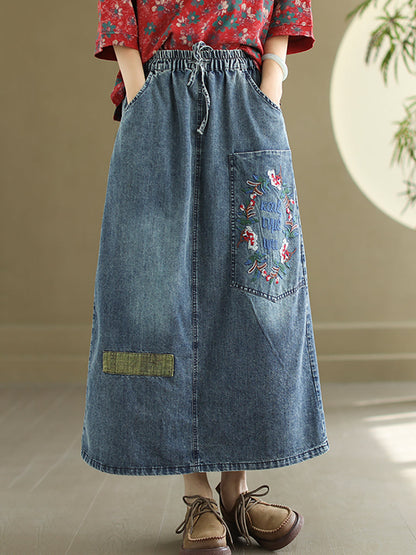 Artsy Flower Embroidery Denim Skirt Co1053