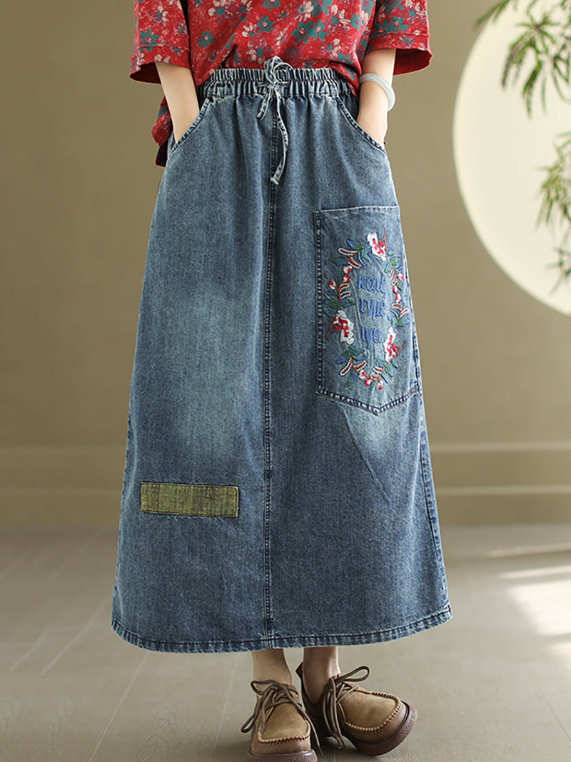 Artsy Flower Embroidery Denim Skirt Co1053