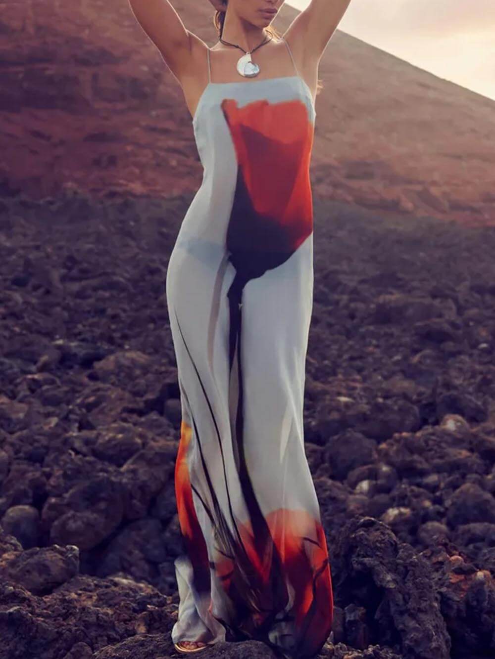 Abstract Tulip Print Vacation Slip H-line Maxi Dress