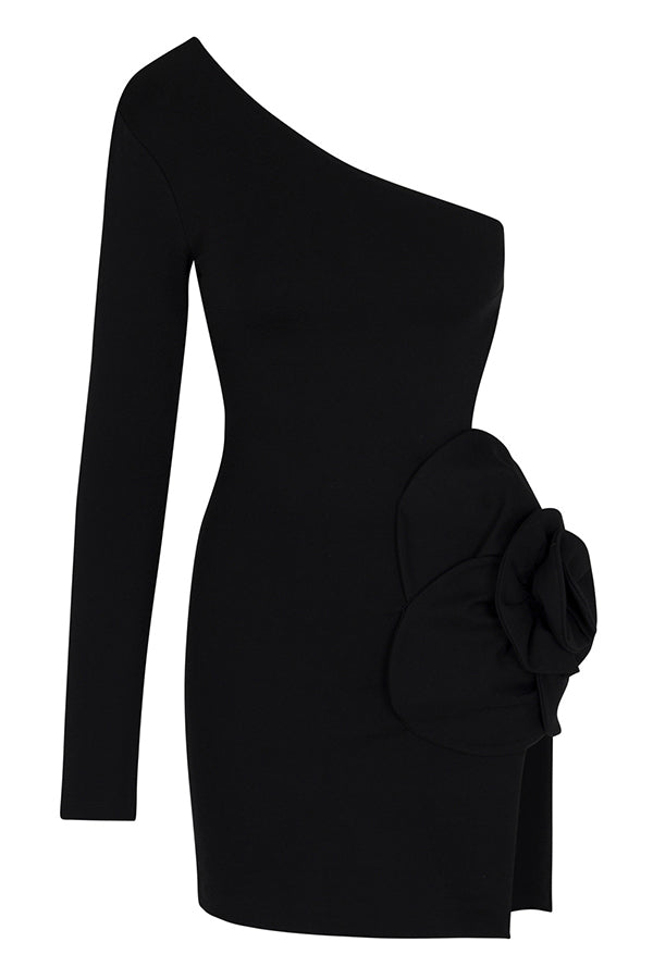Ella 3d Flower Details Cutout Waist One Shoulder Stretch Mini Dress