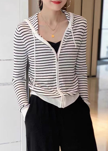 Loose White Zippered Patchwork Striped Wool Knit Hooded Cardigans Fall Qp021